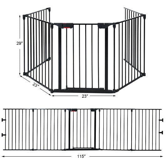 115 Inch Length 5 Panel Adjustable Wide Fireplace Fence - Black - FurrrBabies & More! - Pet Gate