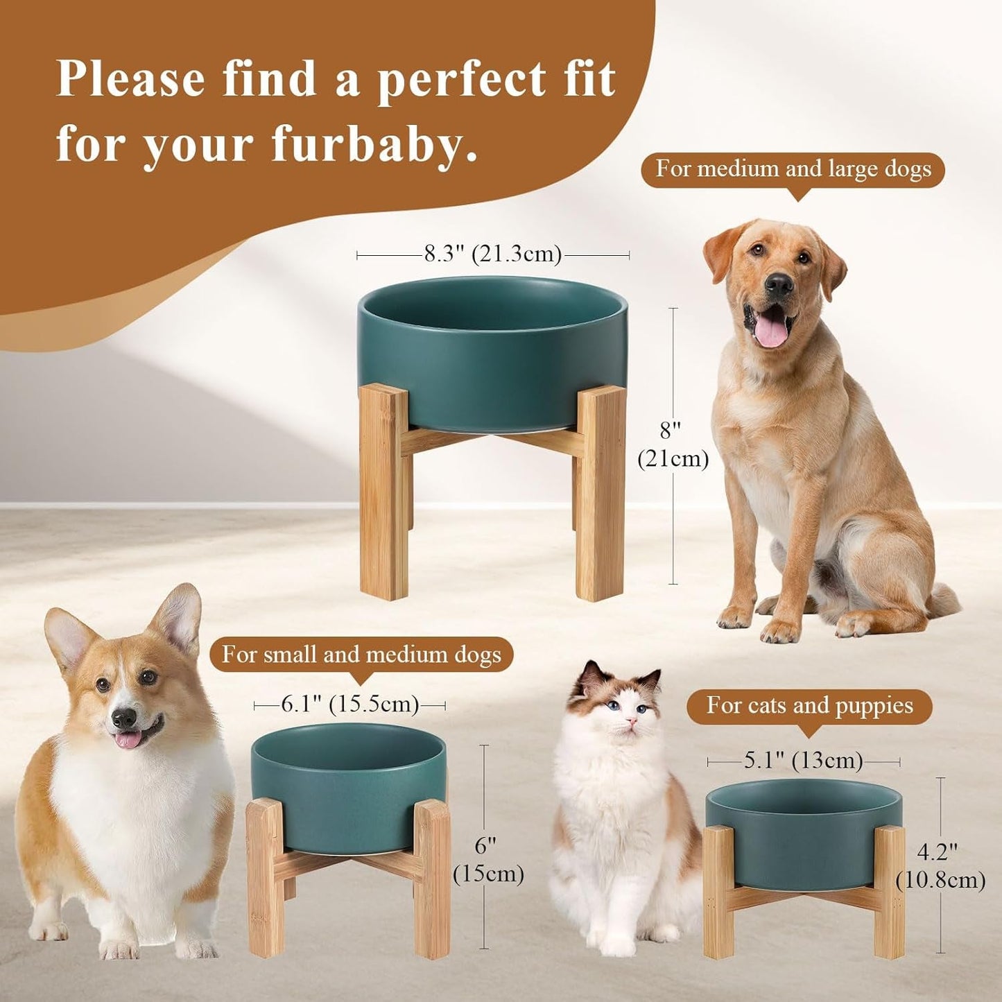 Elevated Ceramic Cat Bowl - Cat Food Bowl with Bamboo Stand - Raised Dog Dish for Puppies - anti Vomiting, Stress Free - 13.5 Oz / 400 Ml - White - FurrrBabies & More! - 7445047172120