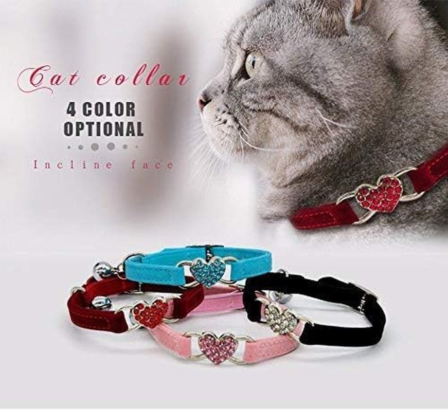 Pink Soft Velvet Safe Cat Adjustable Collar with Crystal Heart Charm and Bells 8 - 11 Inches(Black+Red+Pink+Blue) - FurrrBabies & More! - 726084766242
