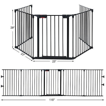 115 Inch Length 5 Panel Adjustable Wide Fireplace Fence - Black - FurrrBabies & More! - Pet Gate