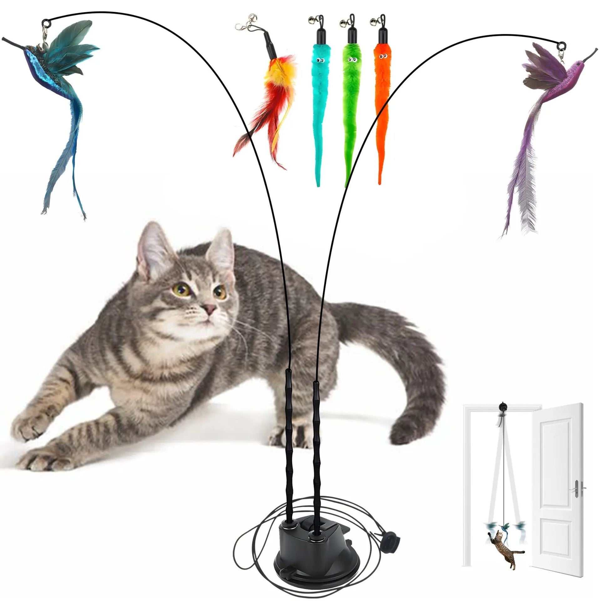 2 Wands with Base & 6 Feather Interactive Cat Toy Set - FurrrBabies & More! - 7445013611691