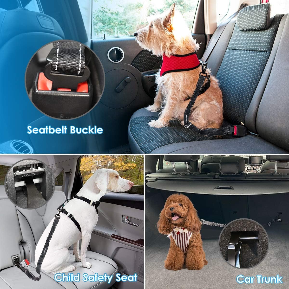3 - In - 1 Dog Seat Belt for Car, 2 Pack Adjustable Bungee Dog Car Harness with Seatbelt Buckle & Latch Hook, Reflective & 360° Swivel Heavy Duty Pet Safety Belts for Dogs and Cats - FurrrBabies & More! - 705353292934