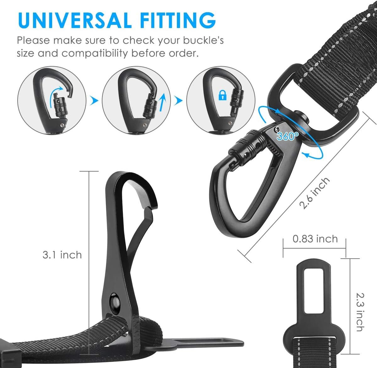 3 - In - 1 Dog Seat Belt for Car, 2 Pack Adjustable Bungee Dog Car Harness with Seatbelt Buckle & Latch Hook, Reflective & 360° Swivel Heavy Duty Pet Safety Belts for Dogs and Cats - FurrrBabies & More! - 705353292934