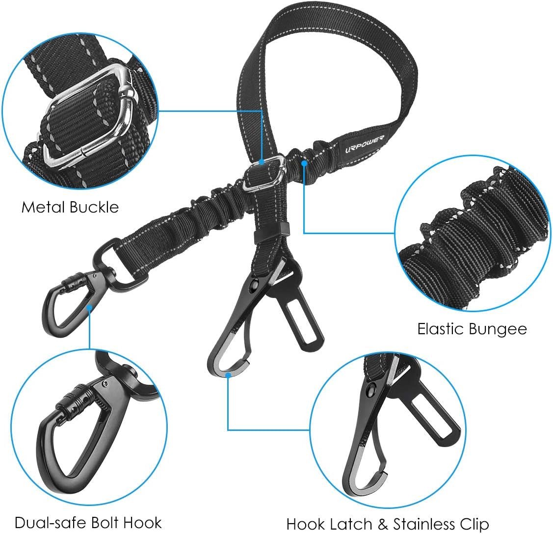 3 - In - 1 Dog Seat Belt for Car, 2 Pack Adjustable Bungee Dog Car Harness with Seatbelt Buckle & Latch Hook, Reflective & 360° Swivel Heavy Duty Pet Safety Belts for Dogs and Cats - FurrrBabies & More! - 705353292934