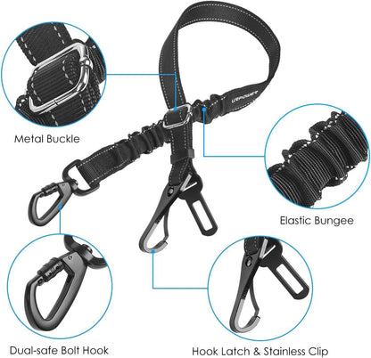 3 - In - 1 Dog Seat Belt for Car, 2 Pack Adjustable Bungee Dog Car Harness with Seatbelt Buckle & Latch Hook, Reflective & 360° Swivel Heavy Duty Pet Safety Belts for Dogs and Cats - FurrrBabies & More! - 705353292934