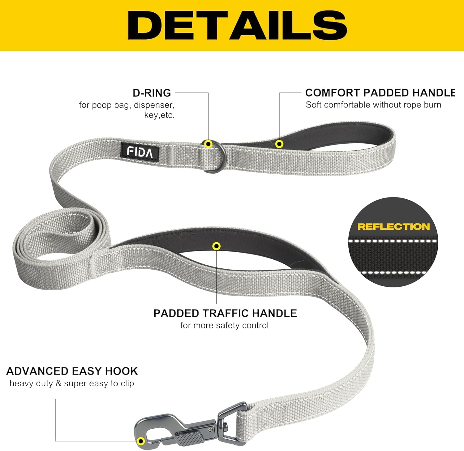 4 FT Heavy Duty Dog Leash with 2 Comfortable Padded Handles, Traffic Handle & Advanced Easy Snap Hook, Reflective Walking Lead for Large, Medium & Small Breed Dogs, Grey - FurrrBabies & More! - 313053549564