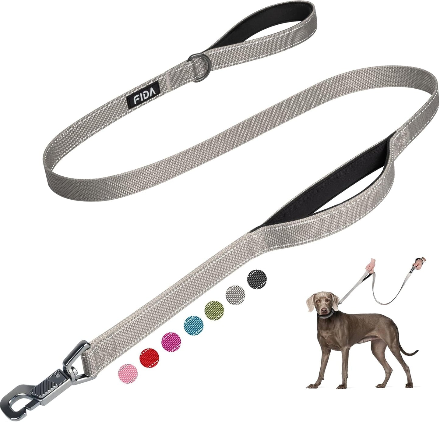 4 FT Heavy Duty Dog Leash with 2 Comfortable Padded Handles, Traffic Handle & Advanced Easy Snap Hook, Reflective Walking Lead for Large, Medium & Small Breed Dogs, Grey - FurrrBabies & More! - 313053549564