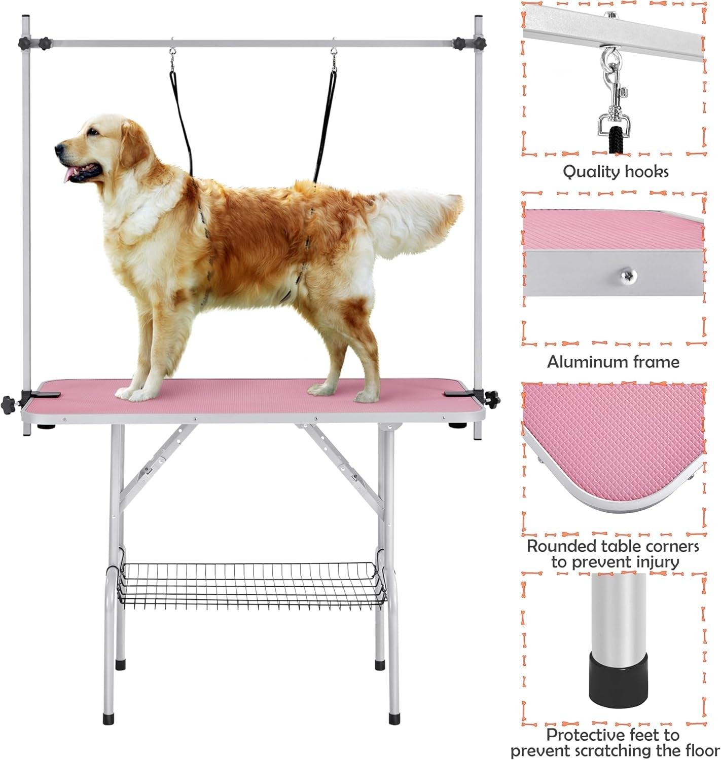 46'' Pet Grooming Table for Large Dogs Adjustable Height - Portable Trimming Table Drying Table W/Arm/Noose/Mesh Tray Maximum Capacity up to 265Lb - Pink - FurrrBabies & More! - 7445010488456