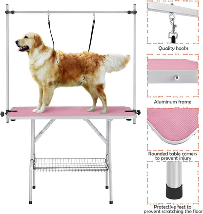 46'' Pet Grooming Table for Large Dogs Adjustable Height - Portable Trimming Table Drying Table W/Arm/Noose/Mesh Tray Maximum Capacity up to 265Lb - Pink - FurrrBabies & More! - 7445010488456
