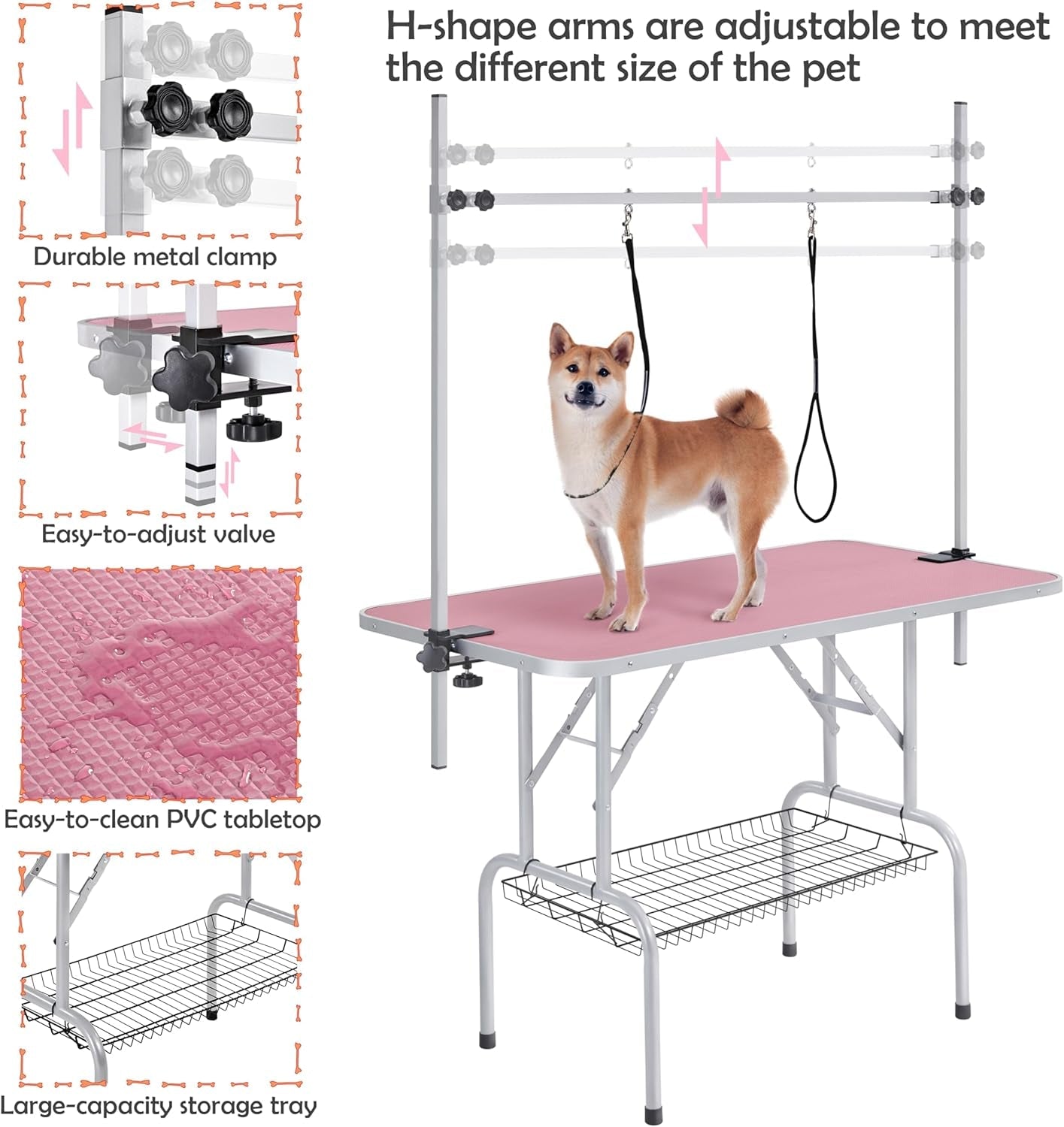 46'' Pet Grooming Table for Large Dogs Adjustable Height - Portable Trimming Table Drying Table W/Arm/Noose/Mesh Tray Maximum Capacity up to 265Lb - Pink - FurrrBabies & More! - 7445010488456