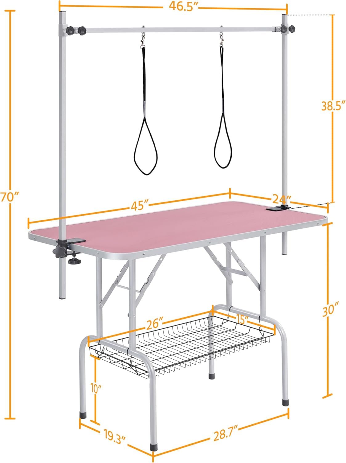 46'' Pet Grooming Table for Large Dogs Adjustable Height - Portable Trimming Table Drying Table W/Arm/Noose/Mesh Tray Maximum Capacity up to 265Lb - Pink - FurrrBabies & More! - 7445010488456