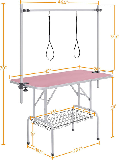 46'' Pet Grooming Table for Large Dogs Adjustable Height - Portable Trimming Table Drying Table W/Arm/Noose/Mesh Tray Maximum Capacity up to 265Lb - Pink - FurrrBabies & More! - 7445010488456