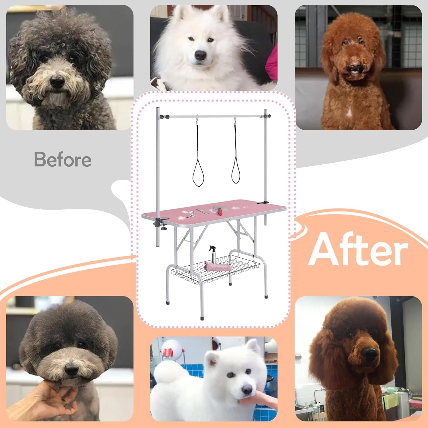 46'' Pet Grooming Table for Large Dogs Adjustable Height - Portable Trimming Table Drying Table W/Arm/Noose/Mesh Tray Maximum Capacity up to 265Lb - Pink - FurrrBabies & More! - 7445010488456