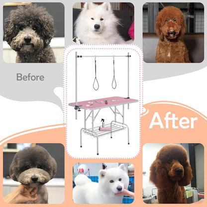 46'' Pet Grooming Table for Large Dogs Adjustable Height - Portable Trimming Table Drying Table W/Arm/Noose/Mesh Tray Maximum Capacity up to 265Lb - Pink - FurrrBabies & More! - 7445010488456