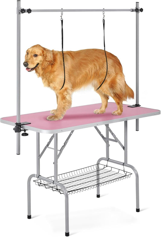 46'' Pet Grooming Table for Large Dogs Adjustable Height - Portable Trimming Table Drying Table W/Arm/Noose/Mesh Tray Maximum Capacity up to 265Lb - Pink - FurrrBabies & More! - 7445010488456