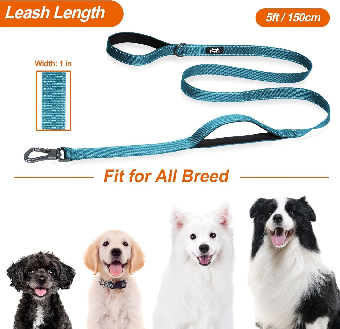5FT 1IN Strong Blue Dog Leash with 2 Padded Handles, Traffic Handle Extra Control, Comfortable Soft Dual Handle, Auto Lock Hook, Reflective Walking Lead for Small Medium and Large Dogs - FurrrBabies & More! - 313032029056
