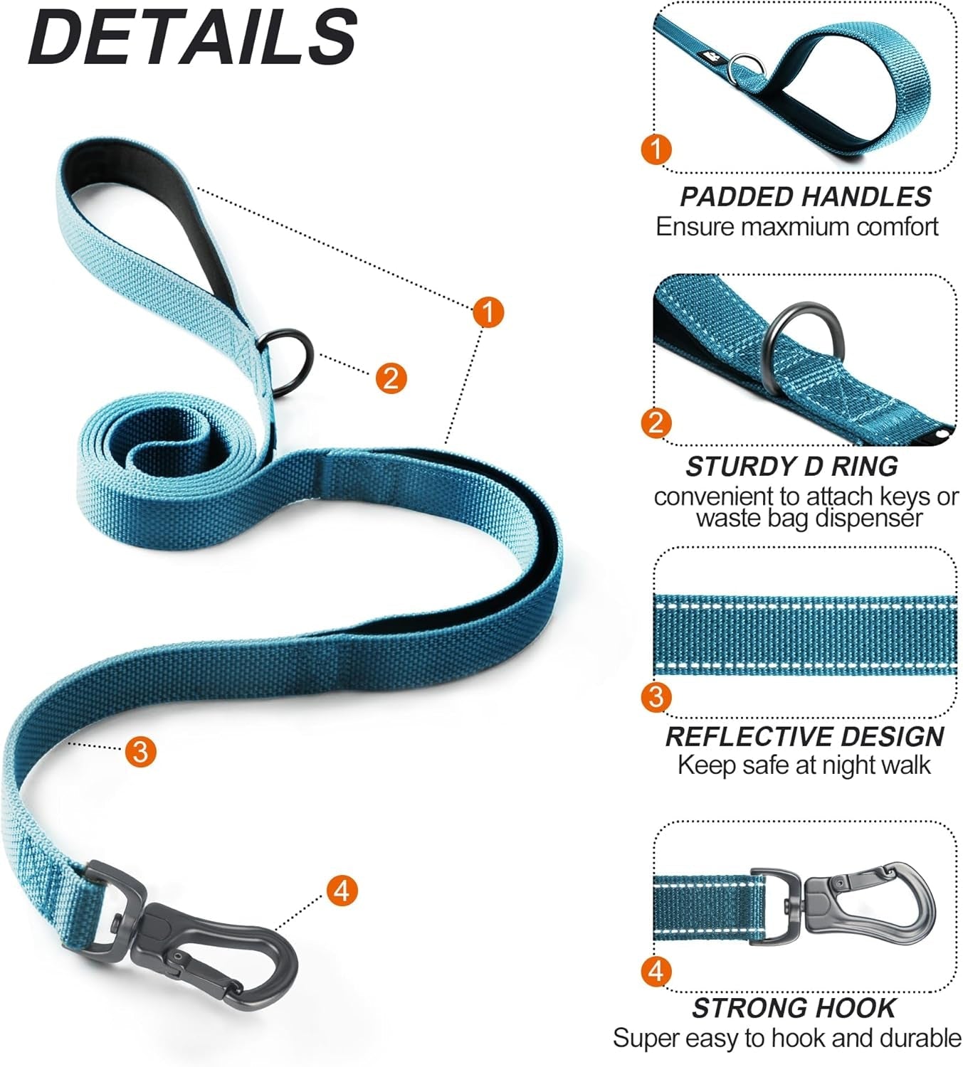 5FT 1IN Strong Blue Dog Leash with 2 Padded Handles, Traffic Handle Extra Control, Comfortable Soft Dual Handle, Auto Lock Hook, Reflective Walking Lead for Small Medium and Large Dogs - FurrrBabies & More! - 313032029056