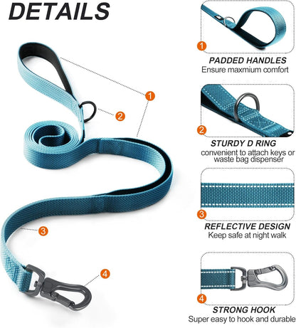 5FT 1IN Strong Blue Dog Leash with 2 Padded Handles, Traffic Handle Extra Control, Comfortable Soft Dual Handle, Auto Lock Hook, Reflective Walking Lead for Small Medium and Large Dogs - FurrrBabies & More! - 313032029056