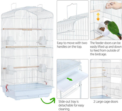 64 - Inch Open Play Top Bird Cages for Parakeets Cockatiels Finches Lovebirds Canaries Conures Budgies Parrot Birdcage W/Detachable Rolling Stand, White - FurrrBabies & More! - 313029252245