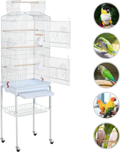 64 - Inch Open Play Top Bird Cages for Parakeets Cockatiels Finches Lovebirds Canaries Conures Budgies Parrot Birdcage W/Detachable Rolling Stand, White - FurrrBabies & More! - 313029252245