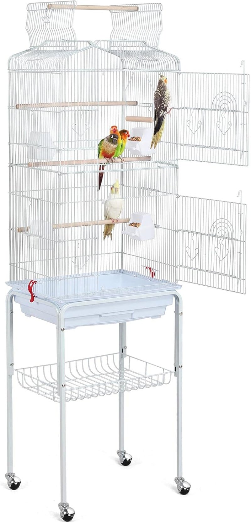 64 - Inch Open Play Top Bird Cages for Parakeets Cockatiels Finches Lovebirds Canaries Conures Budgies Parrot Birdcage W/Detachable Rolling Stand, White - FurrrBabies & More! - 313029252245