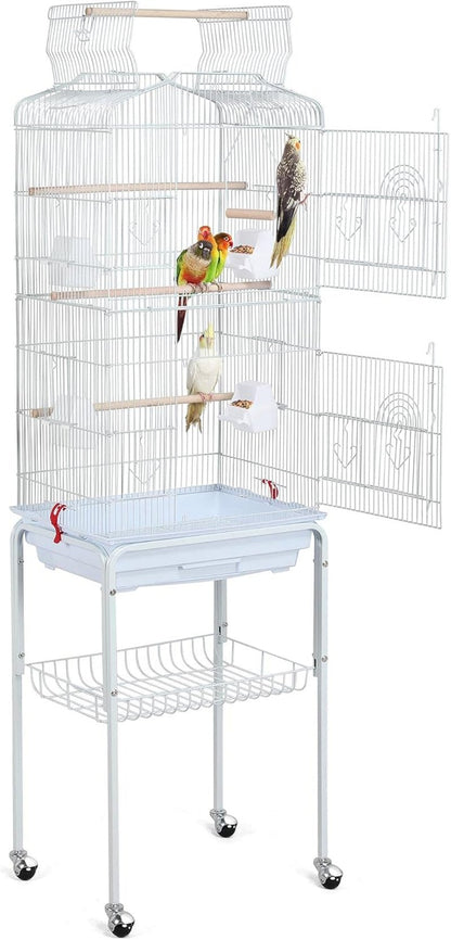 64 - Inch Open Play Top Bird Cages for Parakeets Cockatiels Finches Lovebirds Canaries Conures Budgies Parrot Birdcage W/Detachable Rolling Stand, White - FurrrBabies & More! - 313029252245