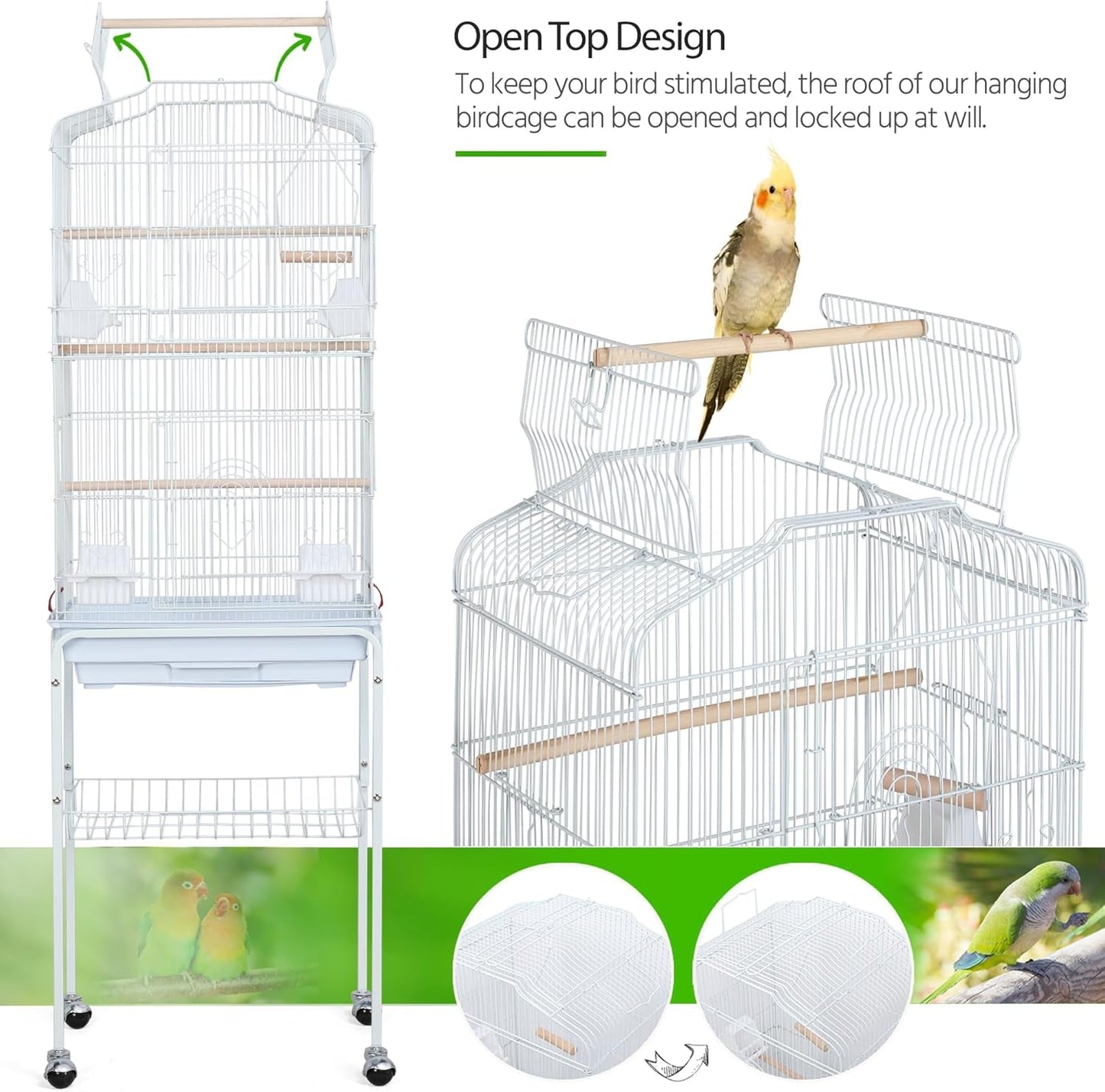 64 - Inch Open Play Top Bird Cages for Parakeets Cockatiels Finches Lovebirds Canaries Conures Budgies Parrot Birdcage W/Detachable Rolling Stand, White - FurrrBabies & More! - 313029252245