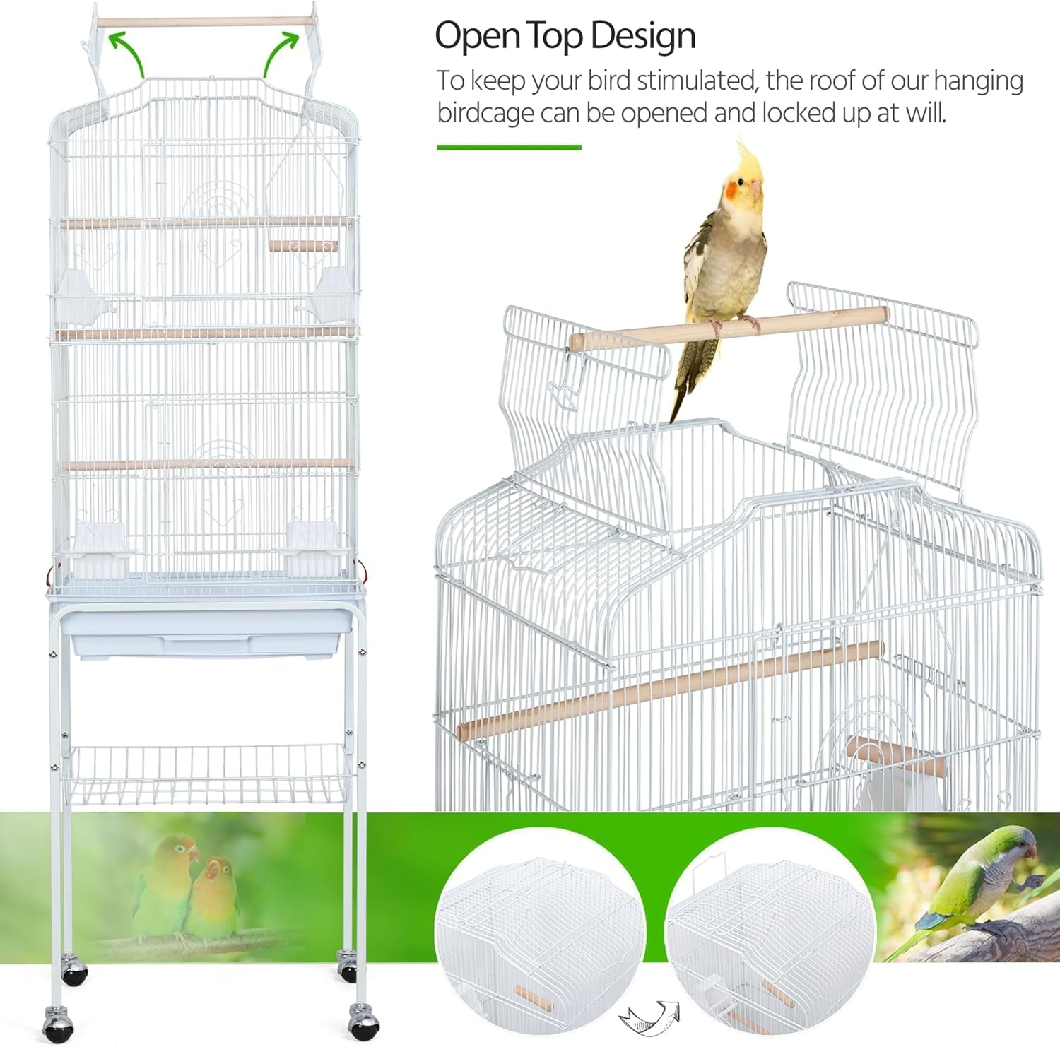 64 - Inch Open Play Top Bird Cages for Parakeets Cockatiels Finches Lovebirds Canaries Conures Budgies Parrot Birdcage W/Detachable Rolling Stand, White - FurrrBabies & More! - 313029252245