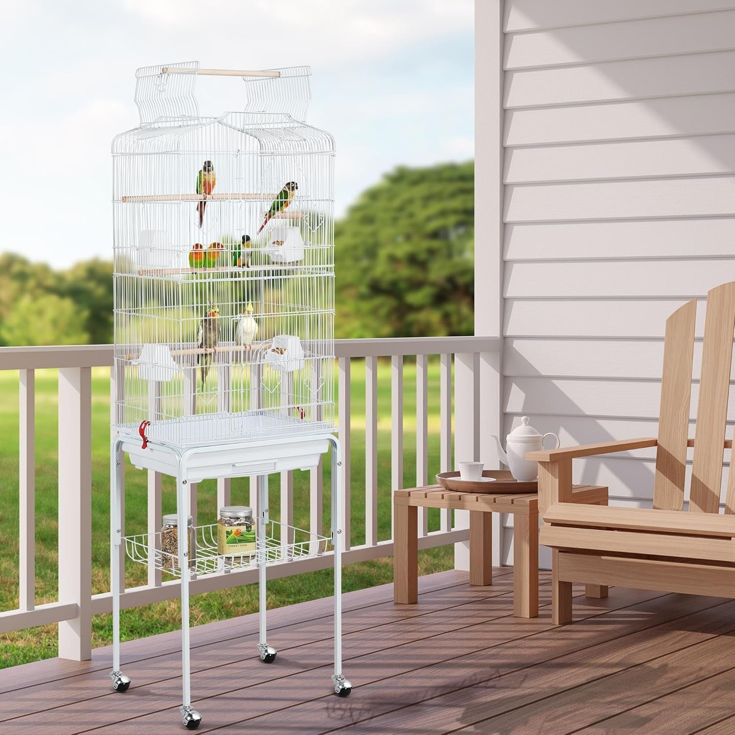 64 - Inch Open Play Top Bird Cages for Parakeets Cockatiels Finches Lovebirds Canaries Conures Budgies Parrot Birdcage W/Detachable Rolling Stand, White - FurrrBabies & More! - 313029252245