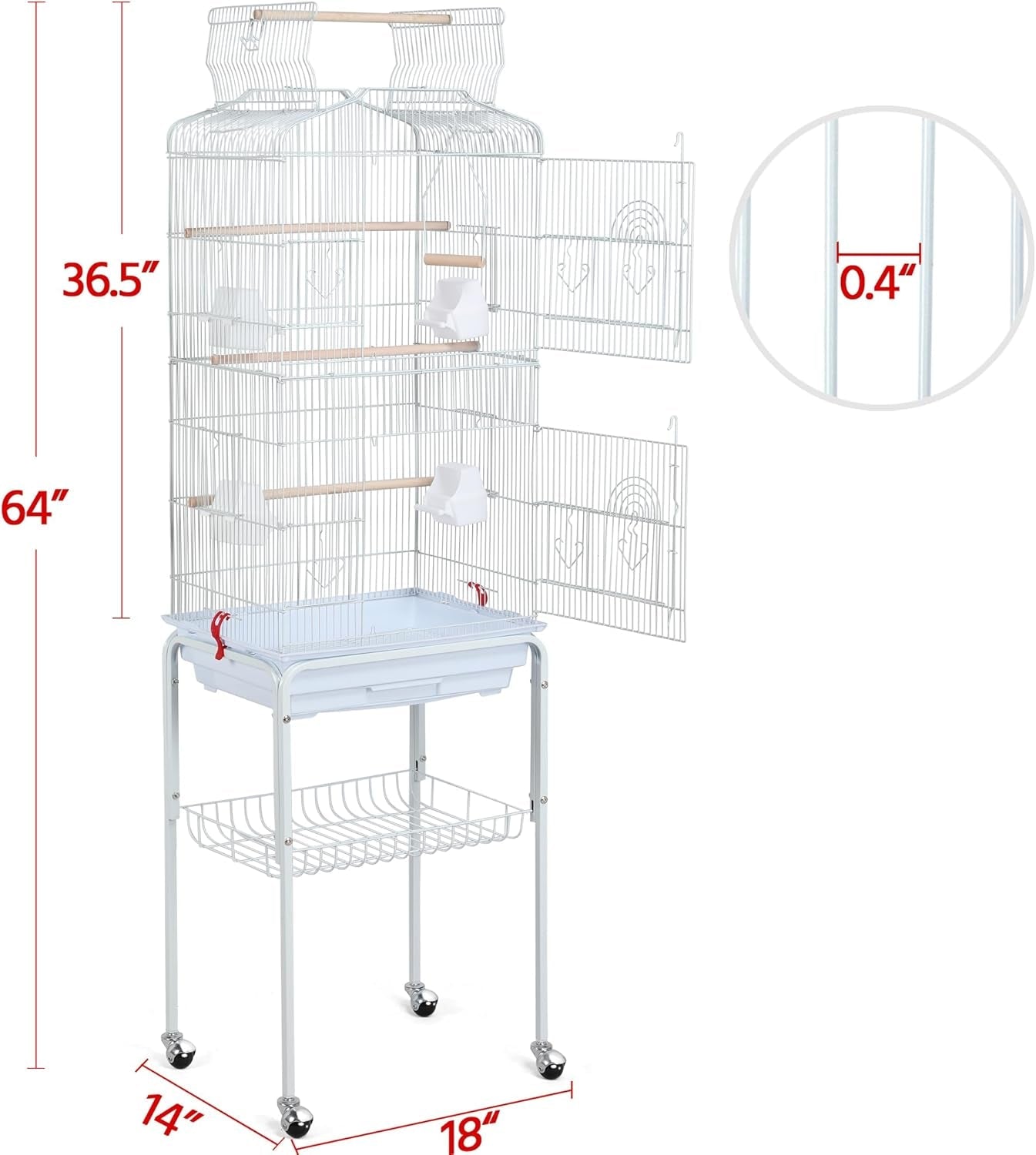 64 - Inch Open Play Top Bird Cages for Parakeets Cockatiels Finches Lovebirds Canaries Conures Budgies Parrot Birdcage W/Detachable Rolling Stand, White - FurrrBabies & More! - 313029252245