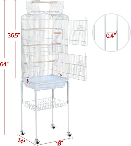 64 - Inch Open Play Top Bird Cages for Parakeets Cockatiels Finches Lovebirds Canaries Conures Budgies Parrot Birdcage W/Detachable Rolling Stand, White - FurrrBabies & More! - 313029252245