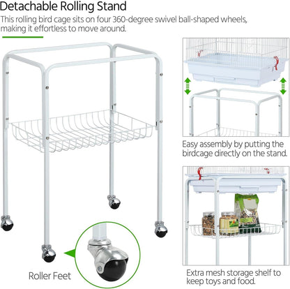 64 - Inch Open Play Top Bird Cages for Parakeets Cockatiels Finches Lovebirds Canaries Conures Budgies Parrot Birdcage W/Detachable Rolling Stand, White - FurrrBabies & More! - 313029252245