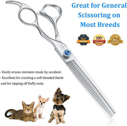 7" 50 Teeth Thinning Dog Grooming Blending Scissor, Ergonomic Pet Grooming Thinner Blender Shears Cat Trimming Texturizing Kit with Offset Handle and a Jewelled Screw 30% Thinning Rate Christmas - FurrrBabies & More! - 7445003430448