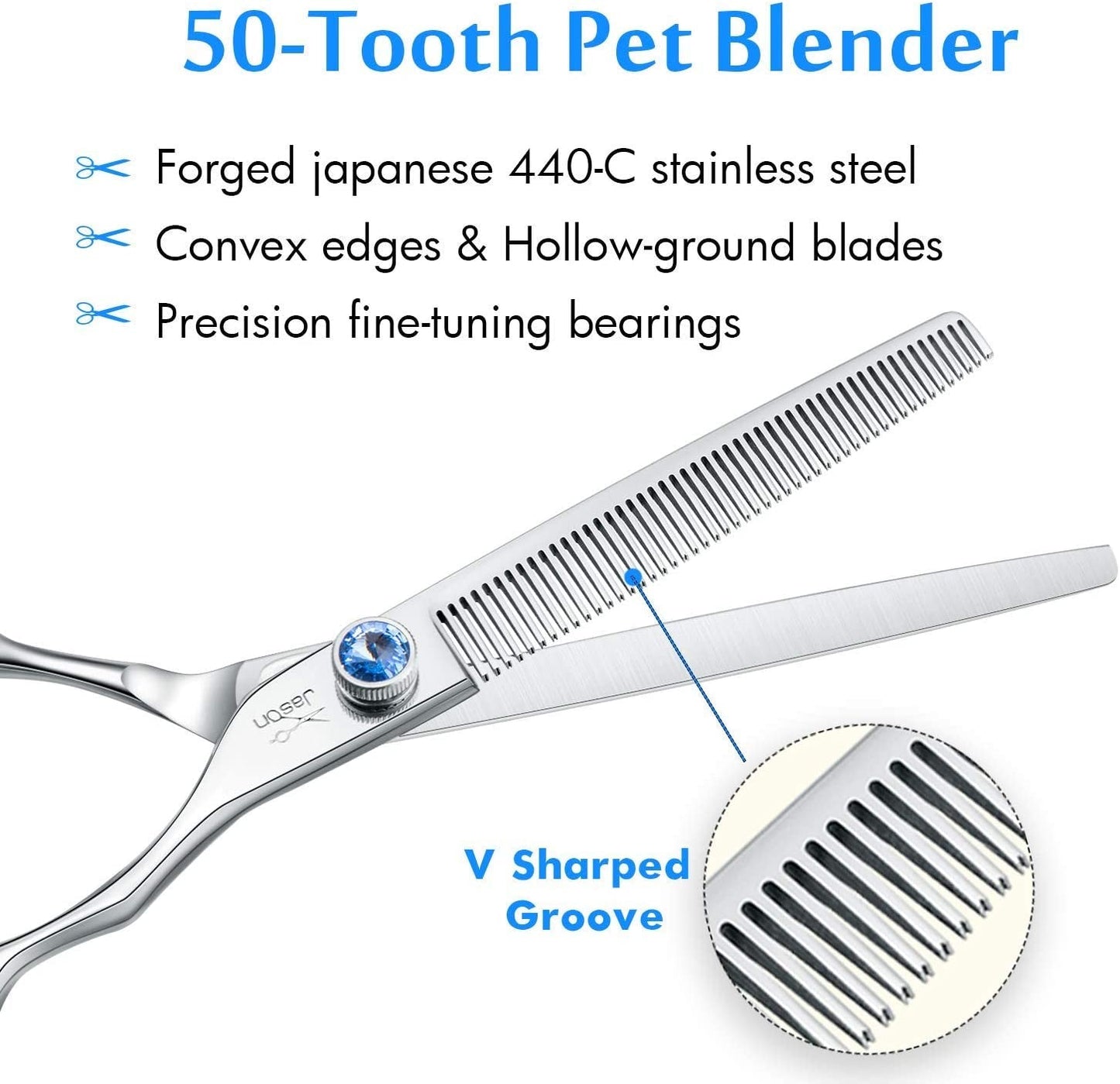 7" 50 Teeth Thinning Dog Grooming Blending Scissor, Ergonomic Pet Grooming Thinner Blender Shears Cat Trimming Texturizing Kit with Offset Handle and a Jewelled Screw 30% Thinning Rate Christmas - FurrrBabies & More! - 7445003430448