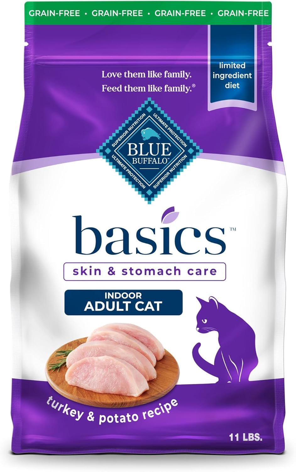 Basics Grain - Free Dry Cat Food, Skin & Stomach Care, Limited Ingredient Diet for Indoor Cats, Turkey & Potato Recipe, 11 - Lb. Bag - FurrrBabies & More! - 313023148100