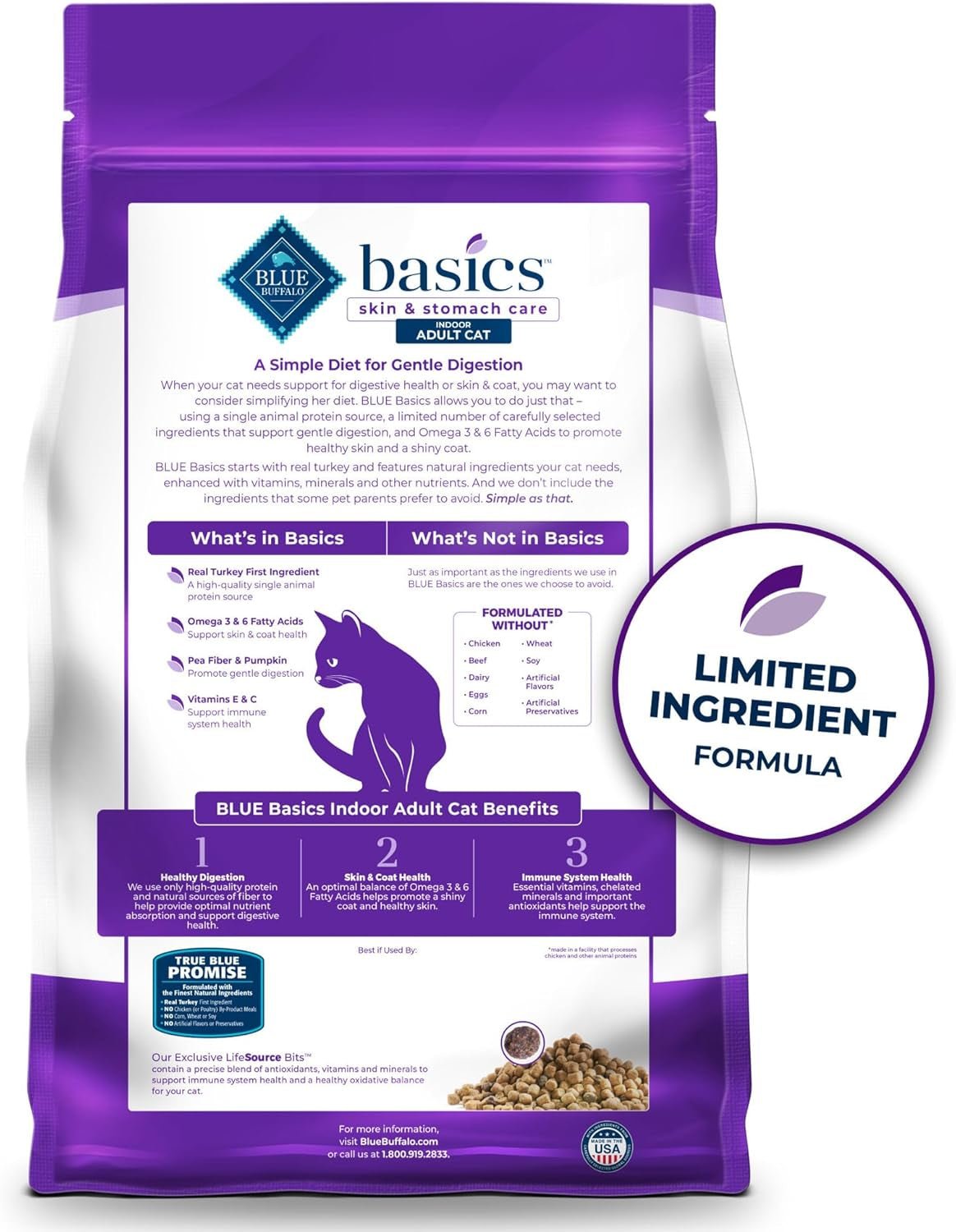 Basics Grain - Free Dry Cat Food, Skin & Stomach Care, Limited Ingredient Diet for Indoor Cats, Turkey & Potato Recipe, 11 - Lb. Bag - FurrrBabies & More! - 313023148100