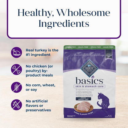 Basics Grain - Free Dry Cat Food, Skin & Stomach Care, Limited Ingredient Diet for Indoor Cats, Turkey & Potato Recipe, 11 - Lb. Bag - FurrrBabies & More! - 313023148100