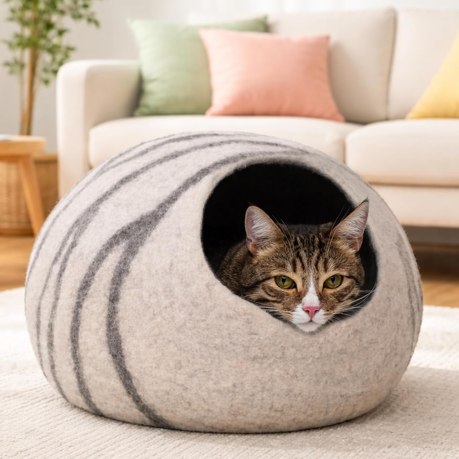 Cat Cave – Premium Felt Cat Bed for Indoor Cats, Handmade Merino Wool (Light Grey, Medium) - FurrrBabies & More! - 705353167331
