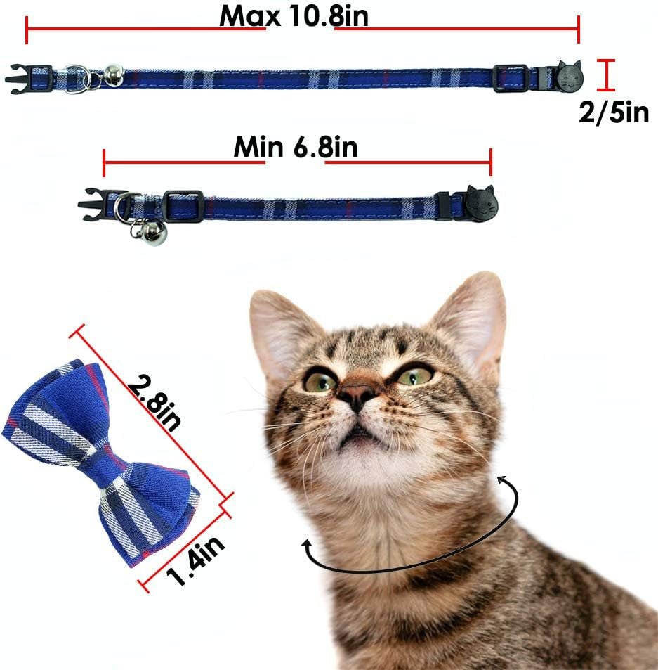 Cat Collar Breakaway with Bell and Bow Tie, Plaid Design Adjustable Safety Kitty Kitten Collars Set of 2 Pcs(6.8 - 10.8In) (Red&Blue Plaid) - FurrrBabies & More! - 705353354946