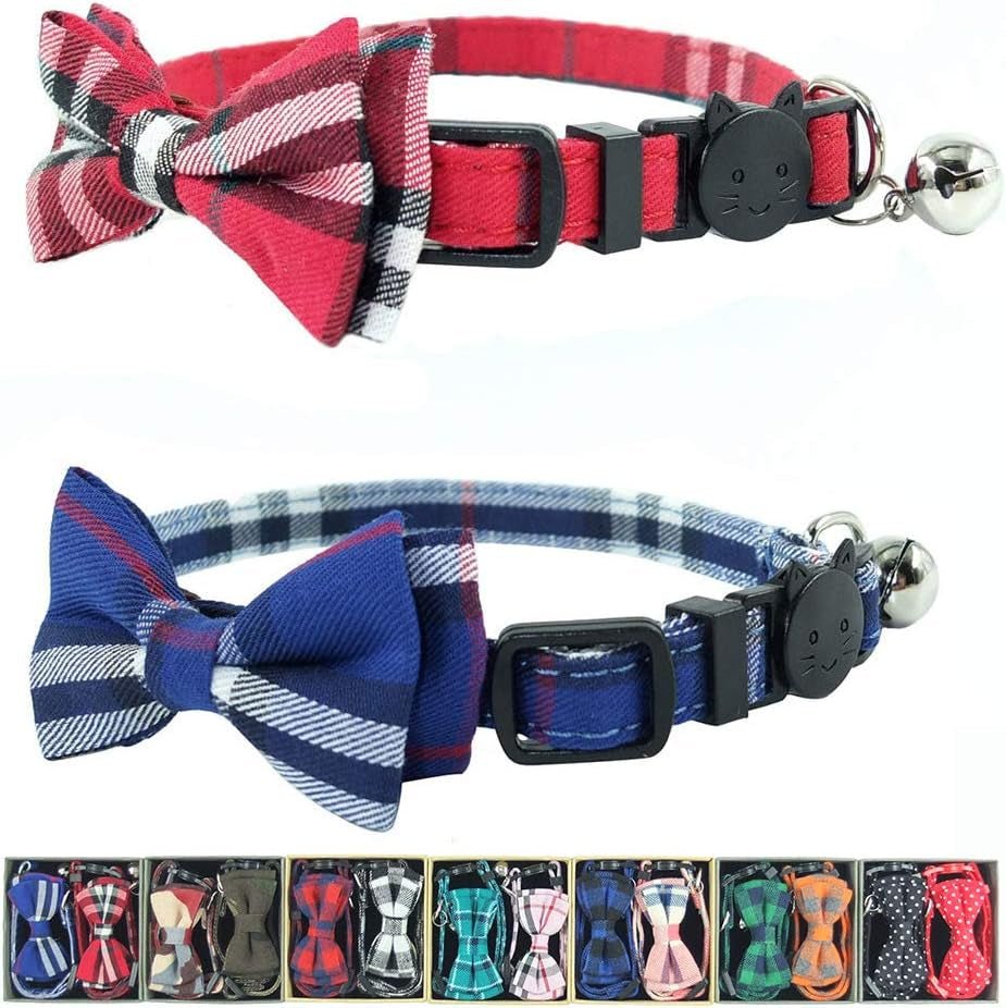 Cat Collar Breakaway with Bell and Bow Tie, Plaid Design Adjustable Safety Kitty Kitten Collars Set of 2 Pcs(6.8 - 10.8In) (Red&Blue Plaid) - FurrrBabies & More! - 705353354946
