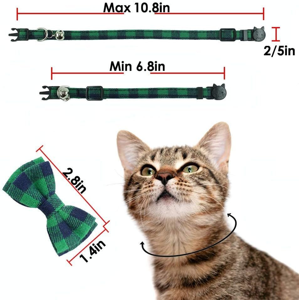 Cat Collar Breakaway with Bell and Bow Tie, Plaid Design Adjustable Safety Kitty Kitten Collars(6.8 - 10.8In) (Green Plaid) - FurrrBabies & More! - 7445010955965