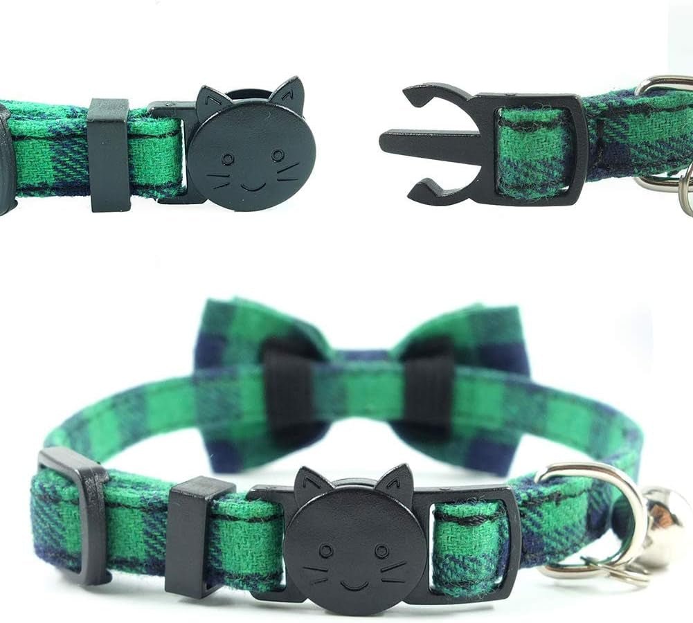 Cat Collar Breakaway with Bell and Bow Tie, Plaid Design Adjustable Safety Kitty Kitten Collars(6.8 - 10.8In) (Green Plaid) - FurrrBabies & More! - 7445010955965