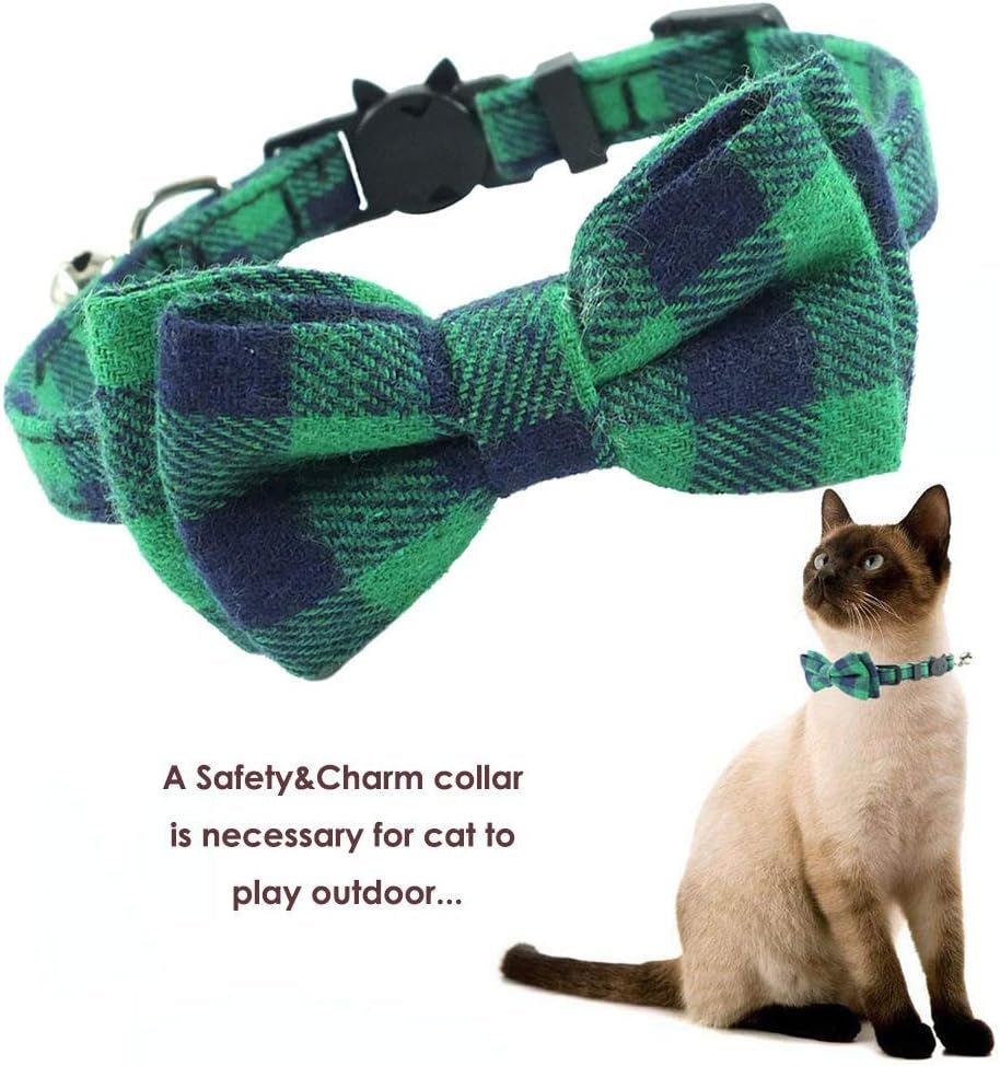 Cat Collar Breakaway with Bell and Bow Tie, Plaid Design Adjustable Safety Kitty Kitten Collars(6.8 - 10.8In) (Green Plaid) - FurrrBabies & More! - 7445010955965