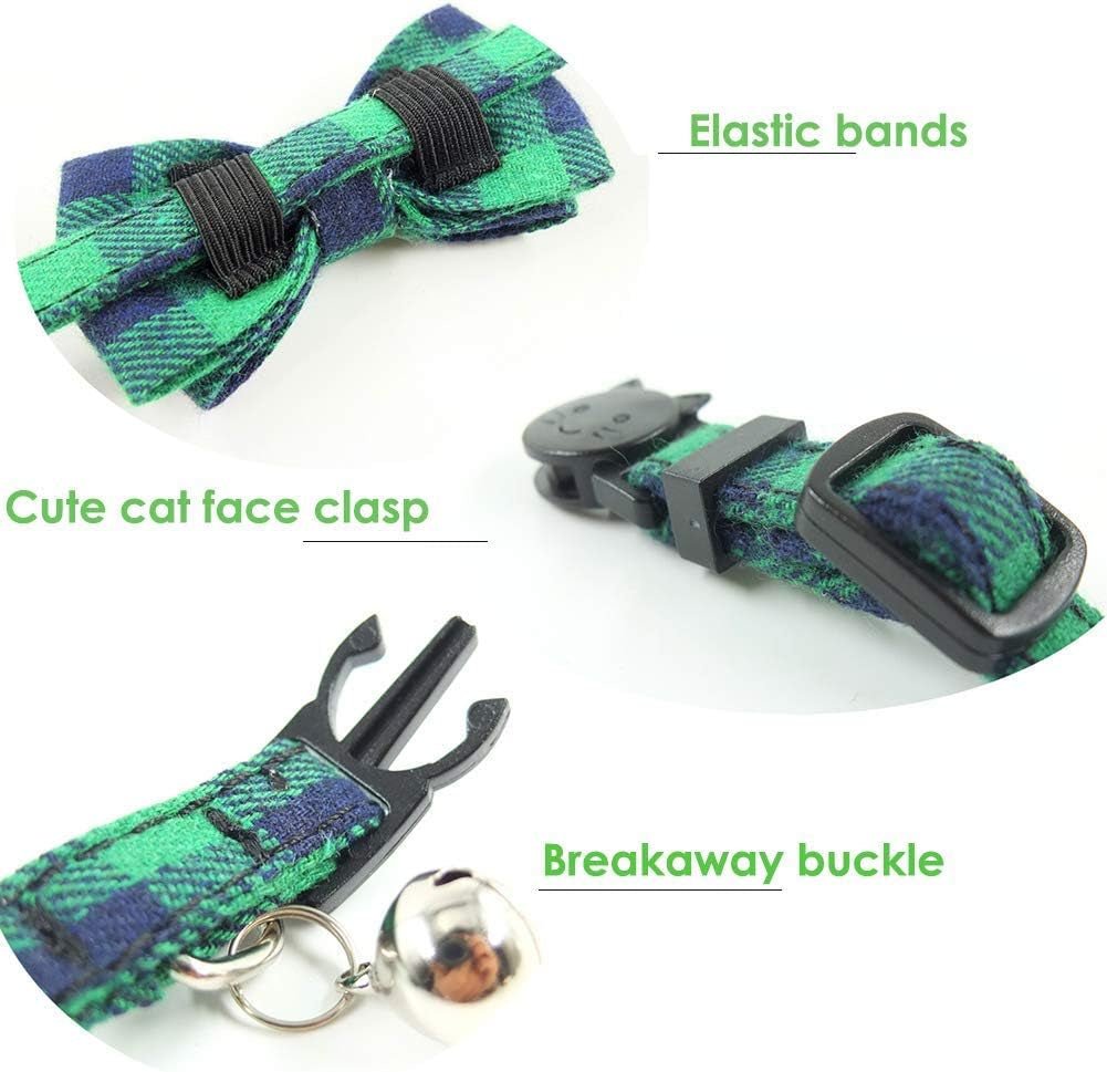 Cat Collar Breakaway with Bell and Bow Tie, Plaid Design Adjustable Safety Kitty Kitten Collars(6.8 - 10.8In) (Green Plaid) - FurrrBabies & More! - 7445010955965