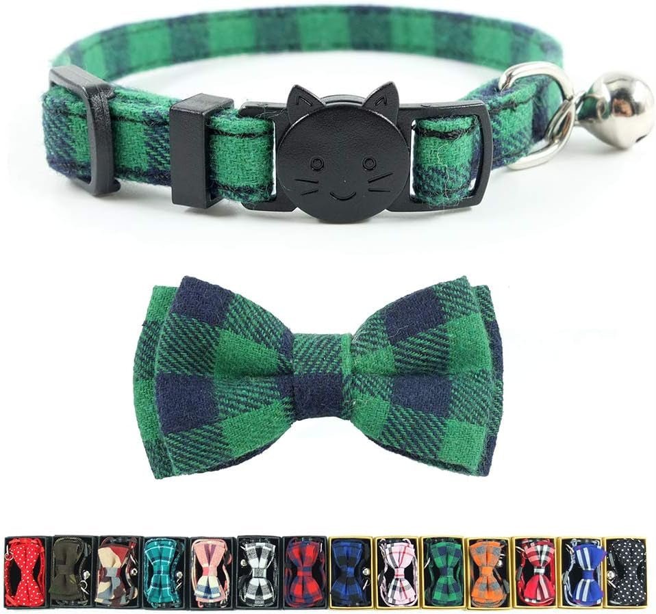 Cat Collar Breakaway with Bell and Bow Tie, Plaid Design Adjustable Safety Kitty Kitten Collars(6.8 - 10.8In) (Green Plaid) - FurrrBabies & More! - 7445010955965
