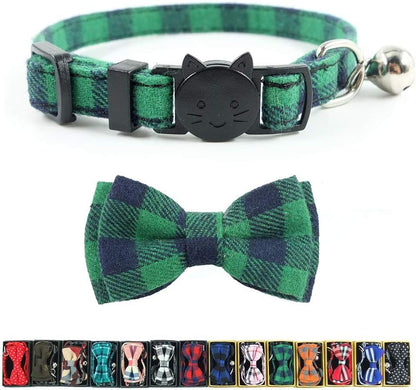 Cat Collar Breakaway with Bell and Bow Tie, Plaid Design Adjustable Safety Kitty Kitten Collars(6.8 - 10.8In) (Green Plaid) - FurrrBabies & More! - 7445010955965