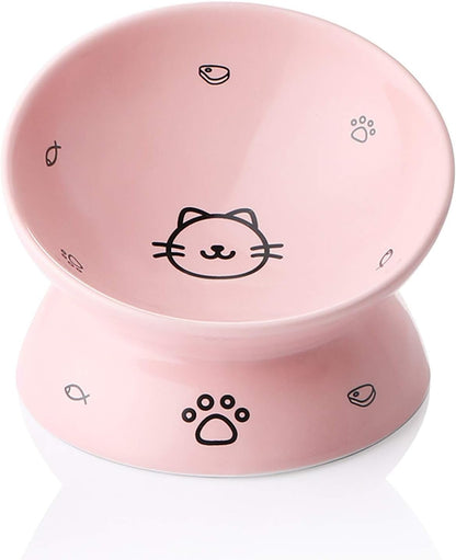 Ceramic Raised Cat Bowls, Slanted Cat Dish Food or Water Bowls, Elevated Porcelain Pet Feeder Bowl Protect Cat'S Spine, Stress Free, Backflow Prevention (Pink) - FurrrBabies & More! - 313109778719