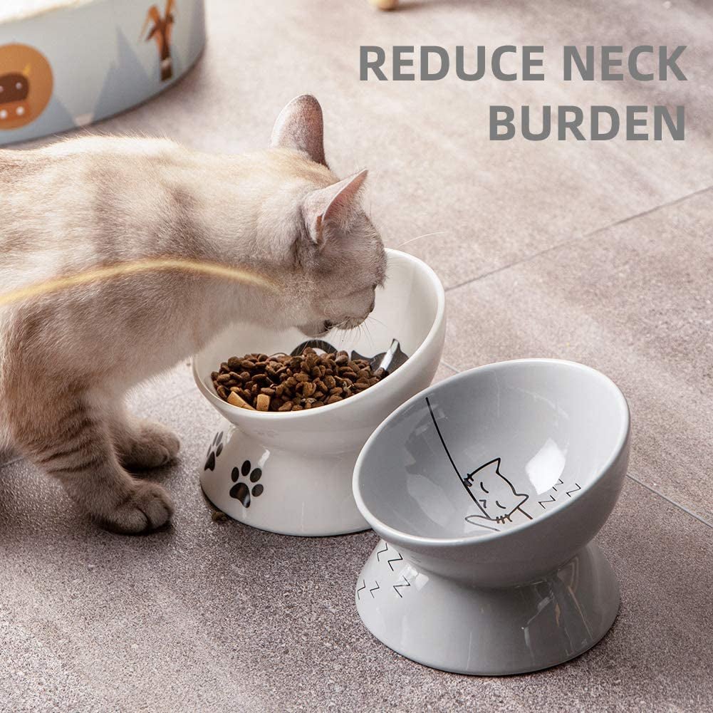 Ceramic Raised Cat Bowls, Slanted Cat Dish Food or Water Bowls, Elevated Porcelain Pet Feeder Bowl Protect Cat'S Spine, Stress Free, Backflow Prevention(Grey) - FurrrBabies & More! - 726084632332