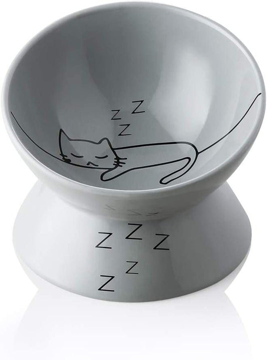 Ceramic Raised Cat Bowls, Slanted Cat Dish Food or Water Bowls, Elevated Porcelain Pet Feeder Bowl Protect Cat'S Spine, Stress Free, Backflow Prevention(Grey) - FurrrBabies & More! - 726084632332
