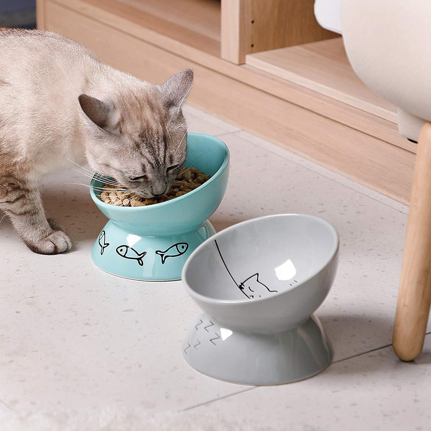 Ceramic Raised Cat Bowls, Slanted Cat Dish Food or Water Bowls, Elevated Porcelain Pet Feeder Bowl Protect Cat'S Spine, Stress Free, Backflow Prevention(Grey) - FurrrBabies & More! - 726084632332